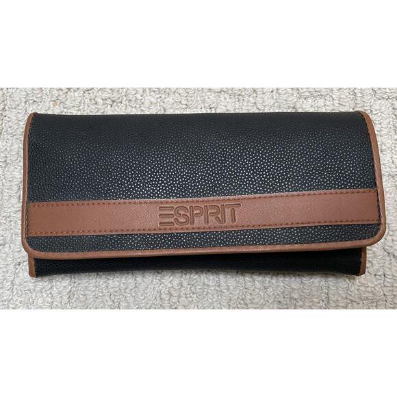 VTG Esprit Black Brown Faux Leather Bi-Fold Wallet NOS 7.5 x 4" NEW - Picture 1 of 7